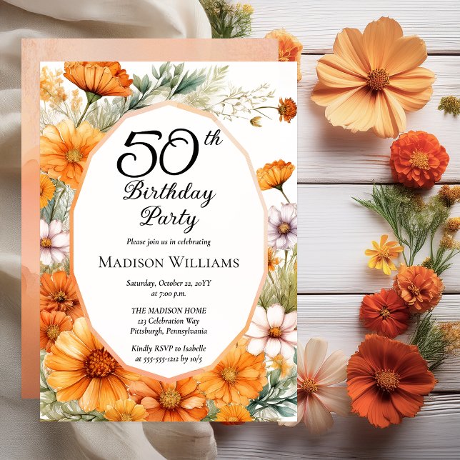 Cosmos | Marigolds Floral 50th Birthday Party Einladung (Beautiful Boho Cosmos and Marigolds Floral 50th Birthday Party Invitation - Print | Digital Download)