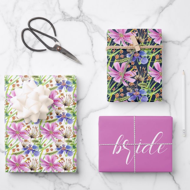 Cosmos Pink und Blue Bridal Wedding Geschenkpapier Set (Vorderseite)