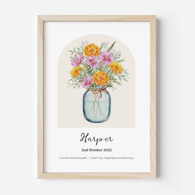 Cosmos Ringelblume Oktober Geburtsmonatsblumenpost Poster (Personalised October Birth Month Flower Bouquet in Vase Poster | Cosmos and Marigold.)