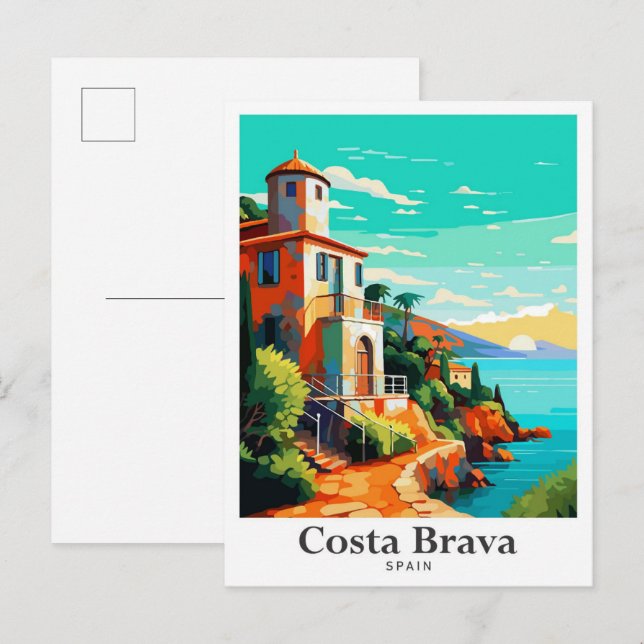 Costa Brava Spanien Vintage Travel Portrait Postkarte (Vorne/Hinten)