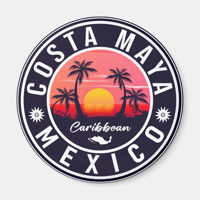 Costa Maya Mexico Retro Sunset Souvenirs Palme Tre Magnet (Vorne)