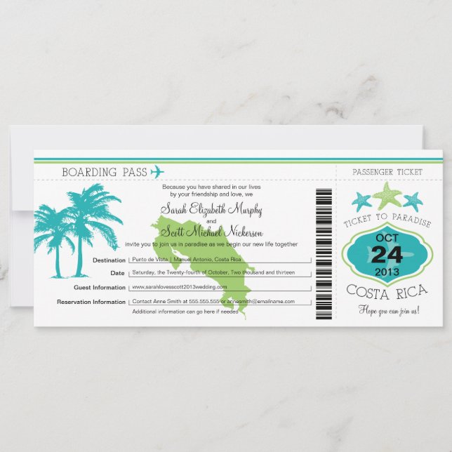 Costa Rica Boarding Pass Wedding Einladung (Vorderseite)