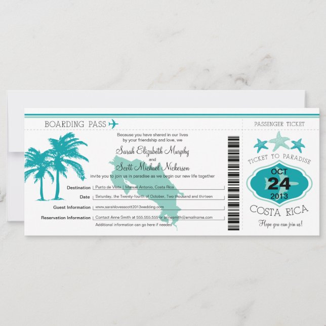 Costa Rica Boarding Pass Wedding Einladung (Vorderseite)