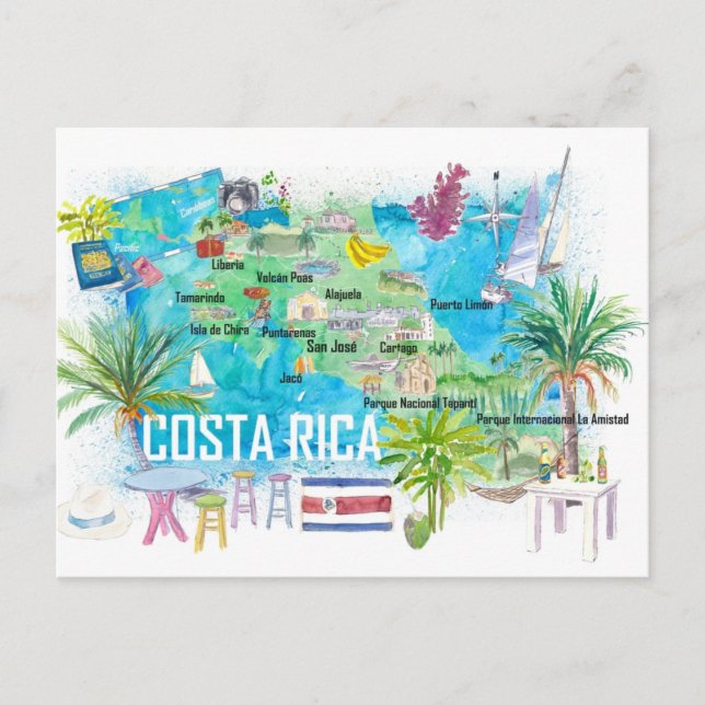 Costa Rica Illustrierte Reisekarte mit Straßen Postkarte (Vorderseite)