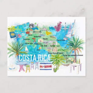 Costa Rica Illustrierte Reisekarte mit Straßen Postkarte