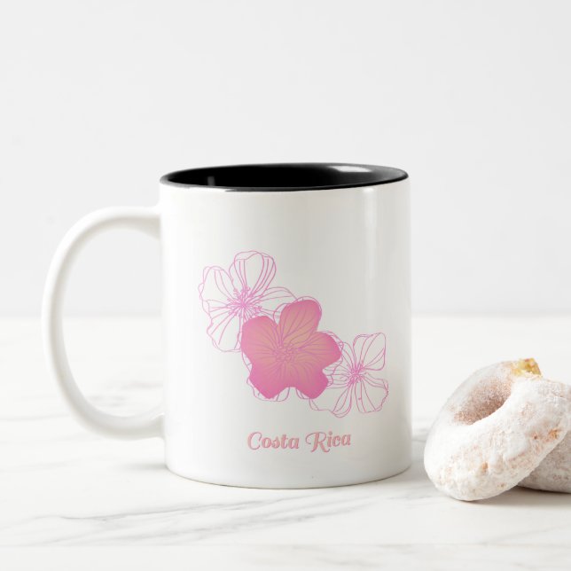 Costa Rica rosa Blumen-Andenken-Kaffee Zweifarbige Tasse (Mit Donut)