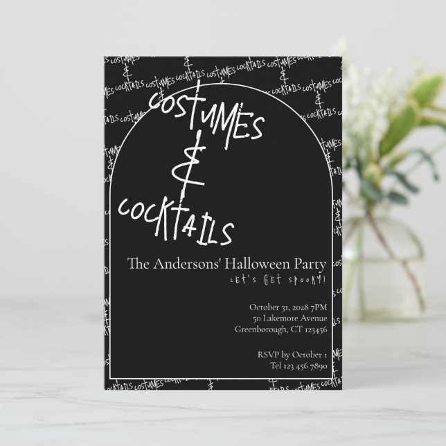Costumes and Cocktails Halloween Black White Party Einladung (Stehend Vorderseite)
