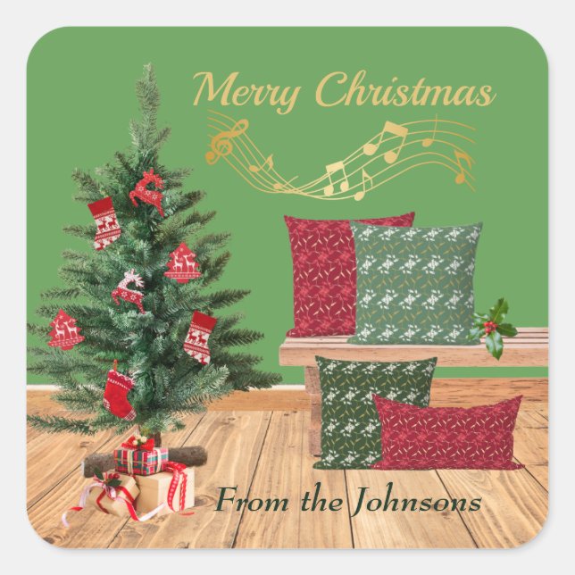 Cosy Bench Merry Christmas Quadratischer Aufkleber (Vorderseite)
