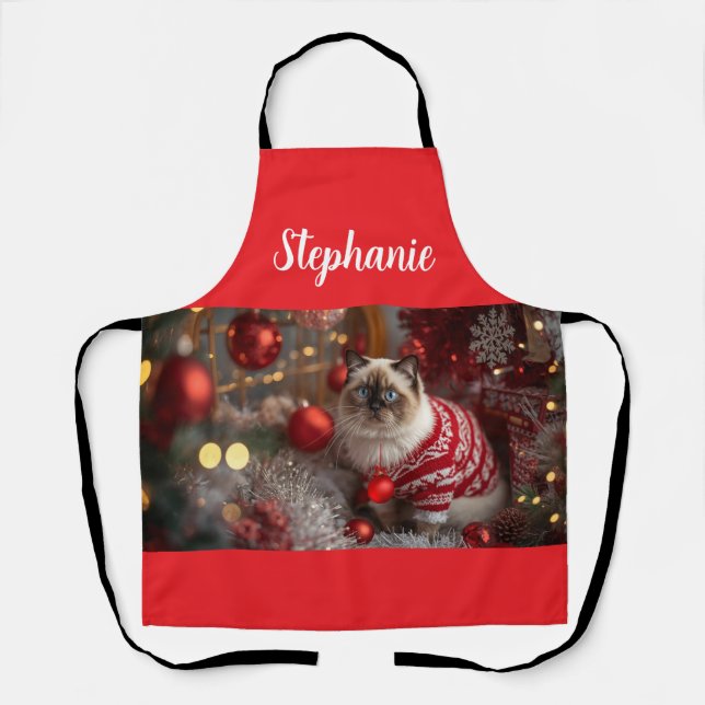 Cosy Birman Cat Christmas Personalisiert Schürze (Vorderseite)