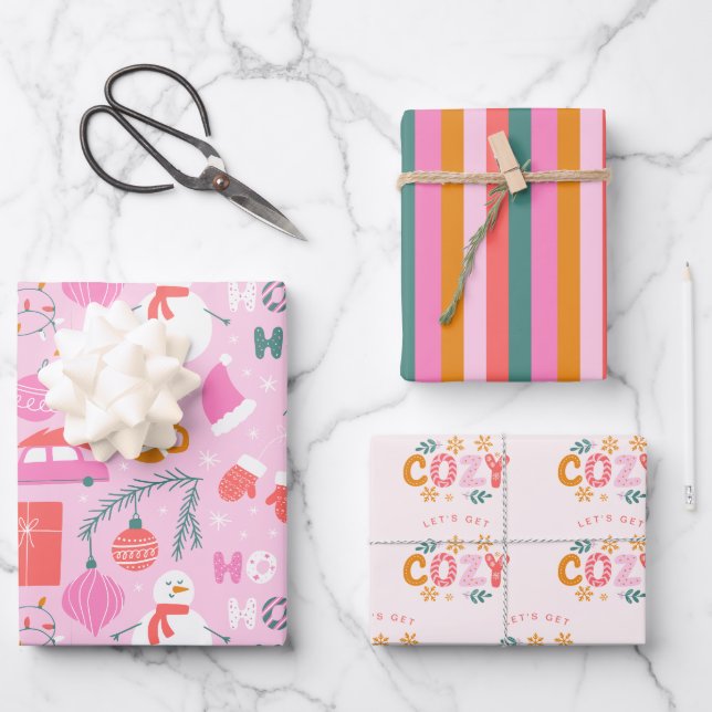 Cosy Bright Pink Snowman Weihnachten Geschenkpapier Set (Vorderseite)