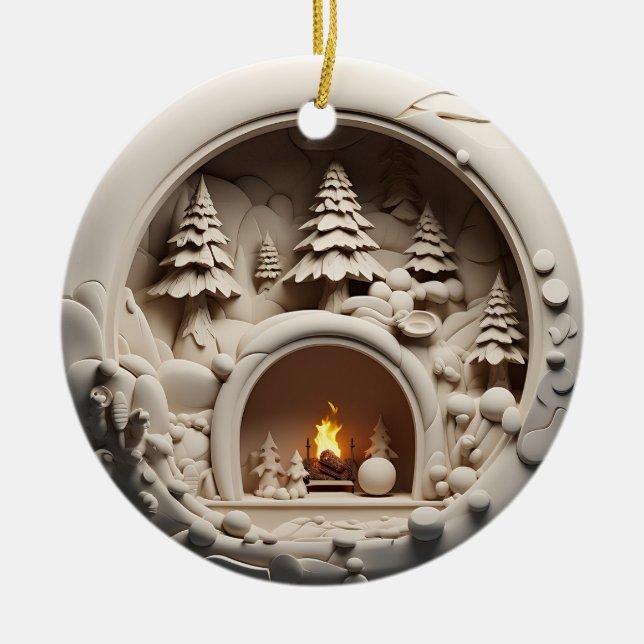 Cosy Cabin Weihnachts-Feuerplatz Keramik Ornament (Vorne)