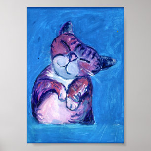 Cosy Cat Painted Kitty Niedlich Feline Fun Blau Poster