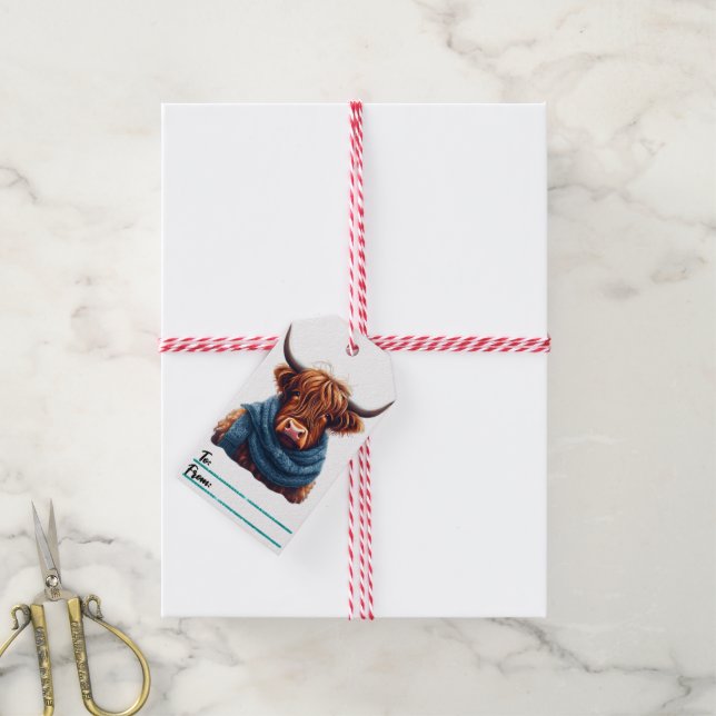 Cosy Highland Kuh Weihnachtsmarke Geschenkanhänger (Mit Garn)