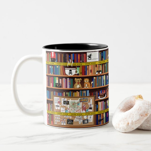 Cosy Mystery Bookshelf Zweifarbige Tasse (Mit Donut)
