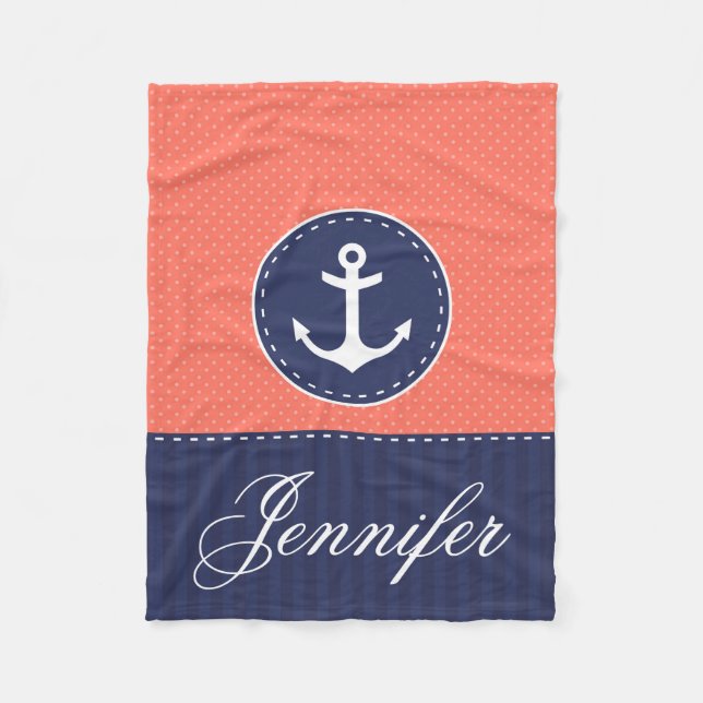 Cosy Nautical Coral Blue Anchor Custom Text Fleecedecke (Vorderseite)