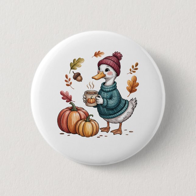 Cosy Pumpkin Coffee Goose Fall Art Button (Vorderseite)