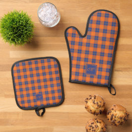 Cosy Pumpkin Orange Blue Tartan Kariert Mit Monogr Ofenhandschuh & Topflappen-Set