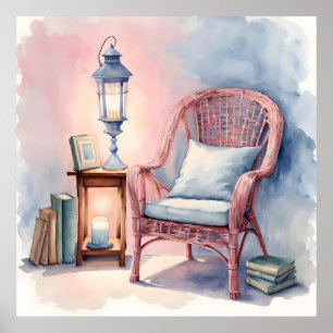 Cosy Reading Nook Watercolor Art Print Poster