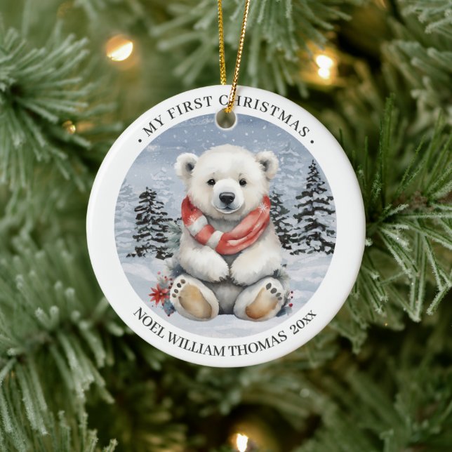Cosy Red Scarf Polar Bear Baby's First Christmas Keramik Ornament (Baum)