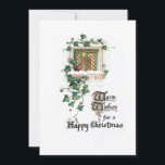 Cosy Vintage Christmas Ivy Covered Window Feiertagskarte<br><div class="desc">Charmante antike Weihnachtskartenabbild mit gemütlichem,  glühendem Fenster,  das auf der schneebedeckten Brücke mit Efeu um sie herum sitzt. Zurück bietet ergänzende Grafiken und bearbeitbare Textfelder.</div>