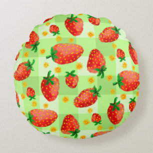 Cosy Watercolor Erdbeeren und Milchprodukte Karier Rundes Kissen