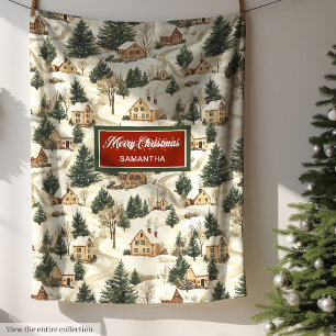 Cosy Watercolor Neutral Erthy Colors Xmas Village Fleecedecke