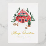 Cosy Watercolor Rote Weihnachtsfeier Hütte Folien Feiertagspostkarte<br><div class="desc">Frohe Weihnachten! Senden Sie warme Weihnachtsgrüße an Familie und Freunde mit dieser anpassbaren Weihnachtskarte aus Gold. Es zeichnet sich durch eine Aquarellrot-Weihnachtsweihnachtslandschaft mit einer skurrilen Winterwunderlandszene aus. Personalisieren Sie diese Weihnachtskarte in Aquarellfarbe,  indem Sie Ihre eigenen Details hinzufügen. Diese gemütliche Weihnachtskarte ist auf anderen Hütten erhältlich.</div>
