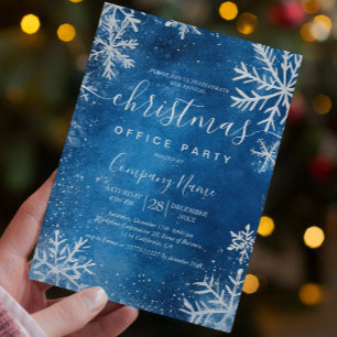 Cosy White Snowflakes Blue Christmas Office Party Einladung