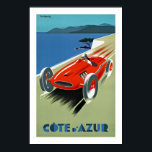 Cote d'Azur Poster<br><div class="desc">Vintage Reiseplakat für die Côte d'Azur (Côte d'Azur) im Süden Frankreichs mit einem Rennwagen,  der entlang fährt.</div>