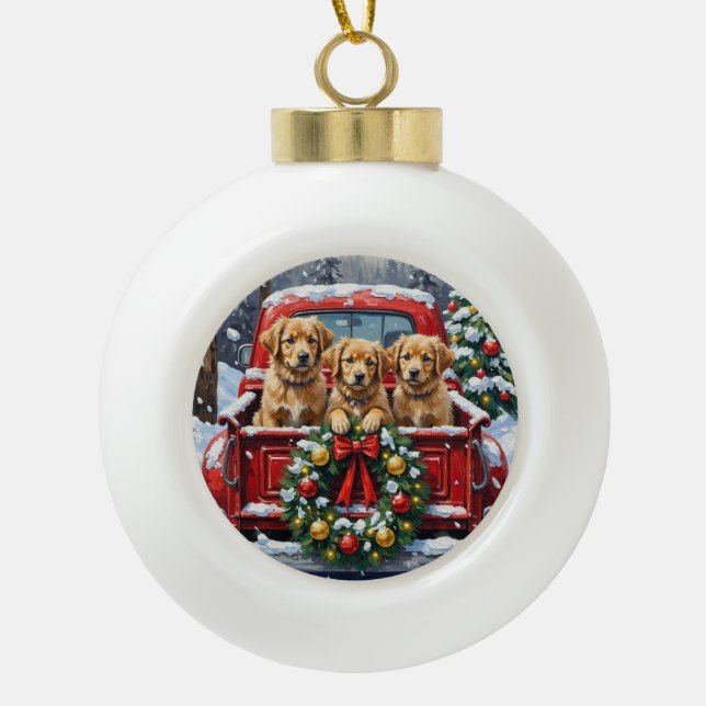 Coton de Tulear Christmas Red Truck Holiday Keramik Kugel-Ornament (Vorderseite)