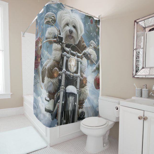 Coton De Tulear Dog Riding Motorrad Weihnachten Duschvorhang (Beispiel)