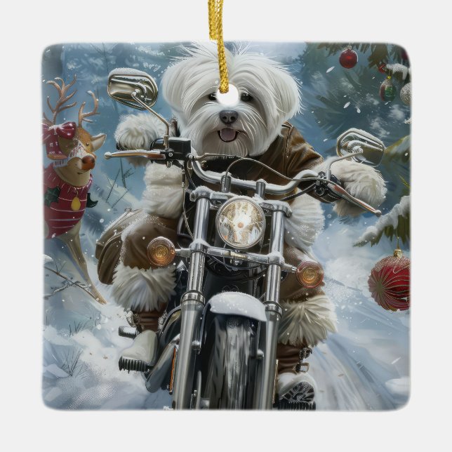 Coton De Tulear Dog Riding Motorrad Weihnachten Keramikornament (Vorderseite)