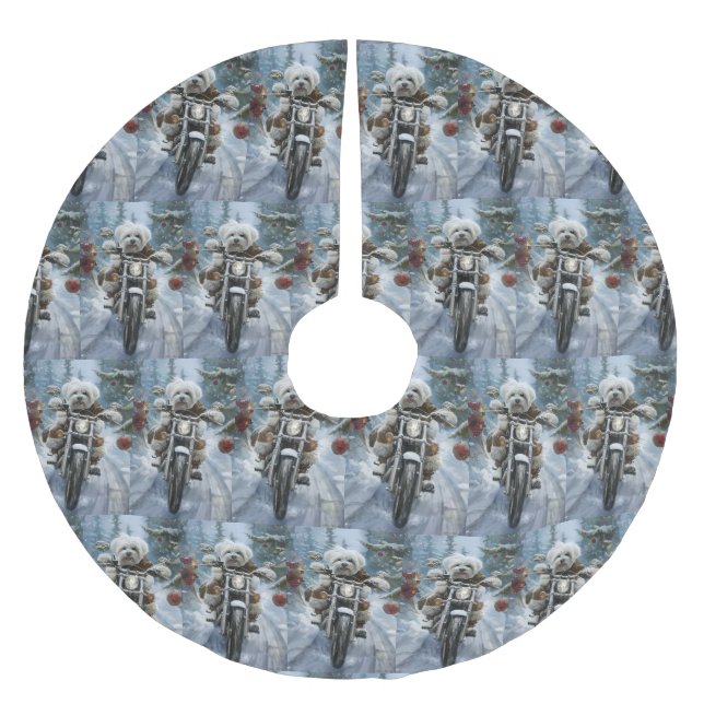 Coton De Tulear Dog Riding Motorrad Weihnachten Polyester Weihnachtsbaumdecke (Vorderseite)
