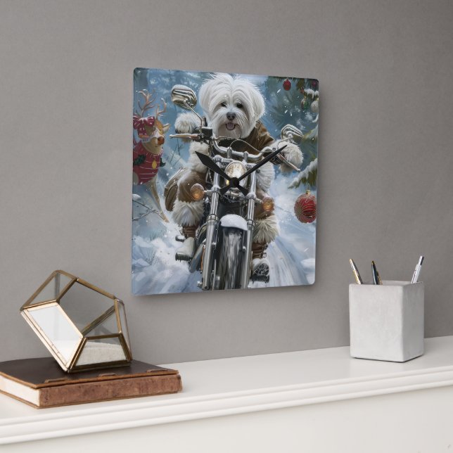 Coton De Tulear Dog Riding Motorrad Weihnachten Quadratische Wanduhr (Büro)