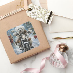 Coton De Tulear Dog Riding Motorrad Weihnachten Quadratischer Aufkleber