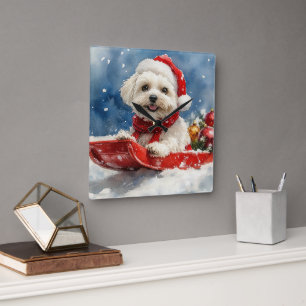 Coton De Tulear im Schlitten Lass es schneien Weih Quadratische Wanduhr