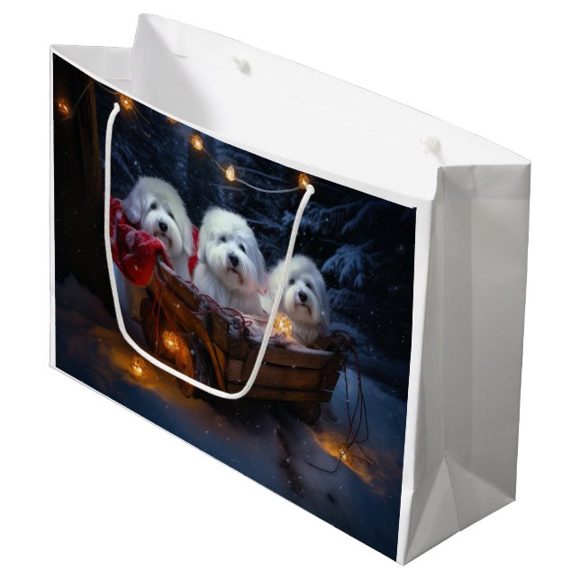 Coton De Tulear Snowy Sleigh Weihnachtsdekor Große Geschenktüte (Vorderseite Schrägansicht)