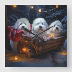 Coton De Tulear Snowy Sleigh Weihnachtsdekor Quadratische Wanduhr