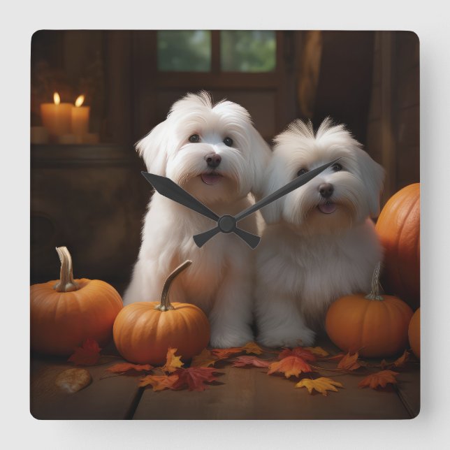 Coton De Tulear Welppy Autumn Delight Pumpkin Quadratische Wanduhr (Vorderseite)