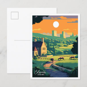 Cotswolds England Kunst Vintage Reise Illustration Postkarte