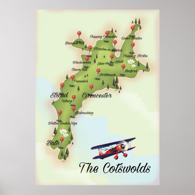 Cotswolds Vintage Karte Poster (Vorne)