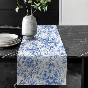 Cottage Blaue Französische Toile-Rosen Blumen Tisc Großer Tischläufer