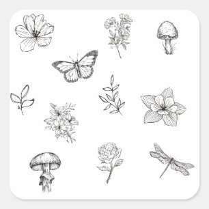 Cottage-Core-Aufkleber - Pilz, Blume, Schmetterlin Quadratischer Aufkleber