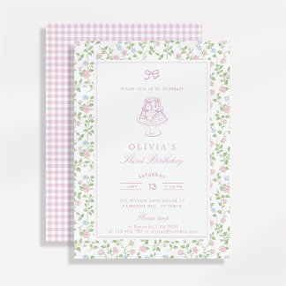 Cottage-Core-Blüte, Pastellgingham Geburtstag Einladung