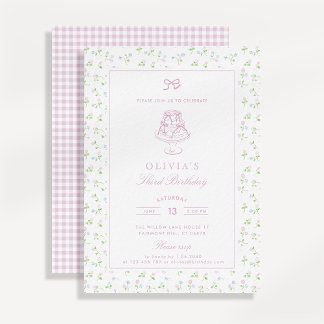 Cottage-Core-Blüte, rosa Gingham Geburtstag Einladung