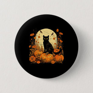 Cottage-Core Floral Black Cat Pumpkins Herbst Herb Button