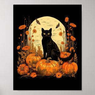 Cottage-Core Floral Black Cat Pumpkins Herbst Herb Poster