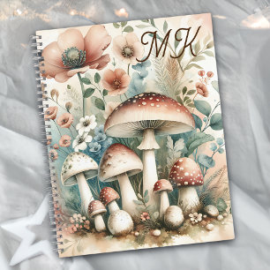 Cottage Core monogrammierte Pilze und Blumen Notizbuch