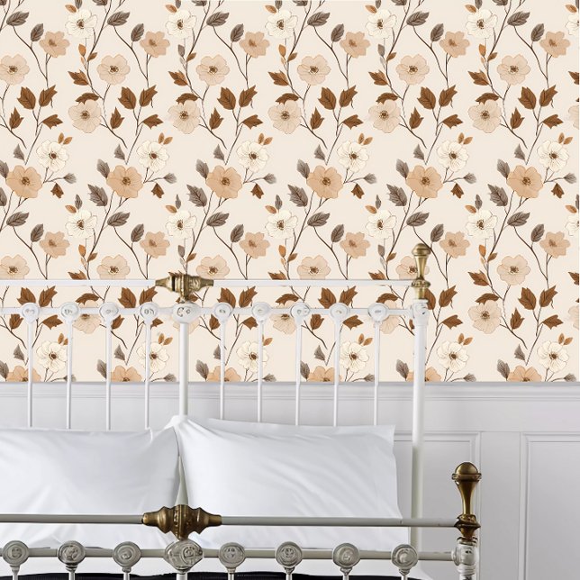 Cottage Core Neutrale Blumen Tapete (Cottage Core Neutral Flowers Wallpaper behind a white metal bed frame. )