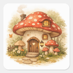 Cottage-Core-Pilz-Ästhetik-Illustration Quadratischer Aufkleber